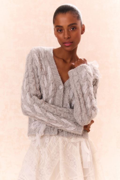 Silver White Women LoveShackFancy Louella Wool Knit Cardigan | UJT-541392