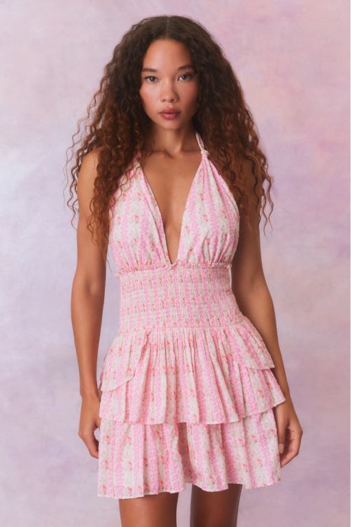 Strawberry Macaroon Women LoveShackFancy Deanna Fragrance Print Halter Mini Dress | HTQ-946813