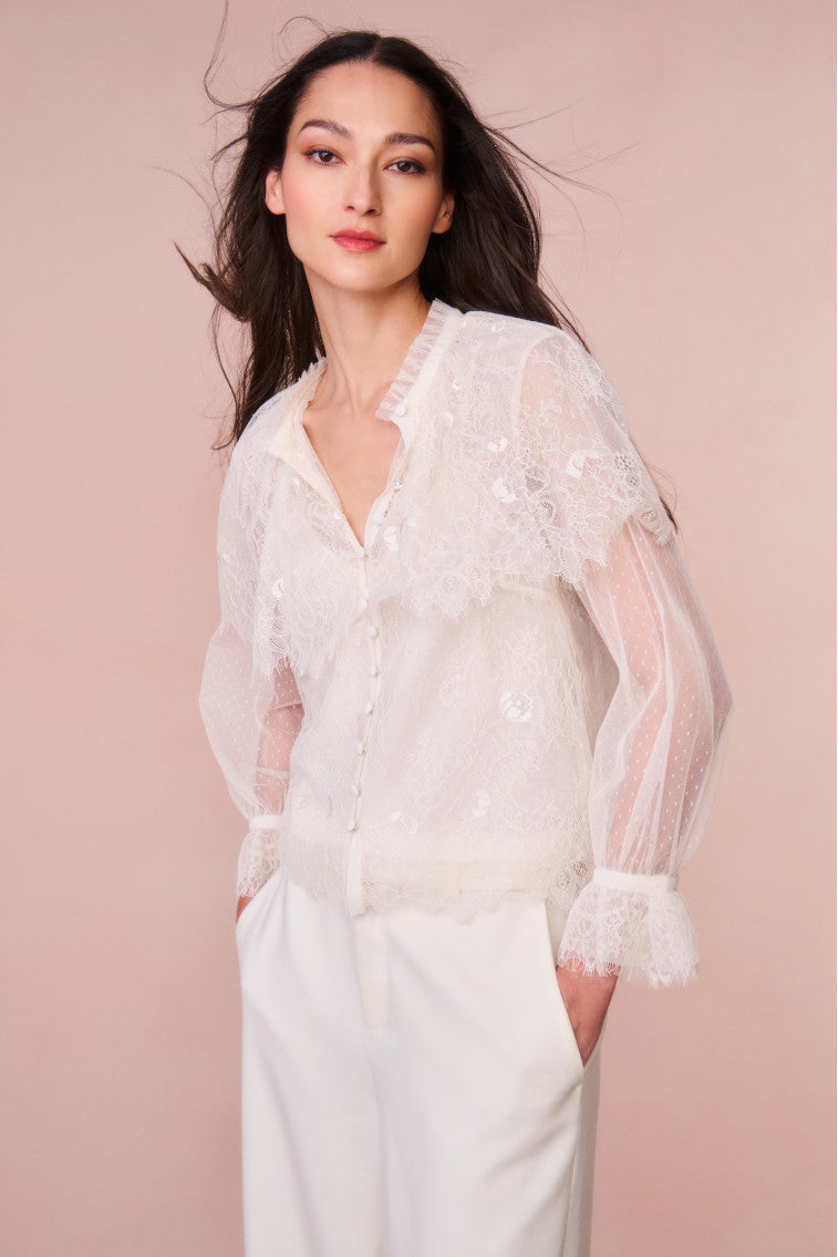 White Women LoveShackFancy Duquette Sheer Lace Tops | WRH-317864