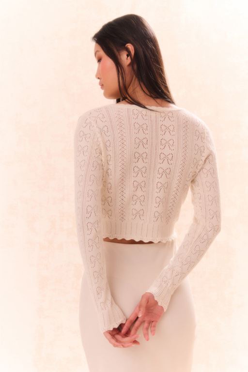 White Women LoveShackFancy Petra Bow Pointelle Cardigan | HPN-830512