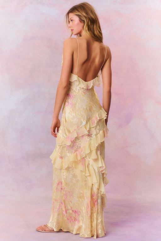 Yellow Women LoveShackFancy Rialto Floral Chiffon Maxi Dress | WJH-957648